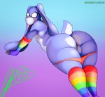 anthro armwear backsack balls big_butt bubble_butt butt clothed clothing empty_eyes femboy feminine_pose floppy_ears genitals glistening glistening_body glistening_butt gradient_background grey_markings huge_thighs legwear lgbt_pride lying male markings multicolored_armwear multicolored_clothing multicolored_legwear multicolored_stockings nude on_front orange_clothing orange_panties orange_underwear panties panties_down partially_clothed plushie presenting presenting_hindquarters pride_colors purple_body rainbow_armwear rainbow_clothing rainbow_legwear rainbow_stockings rear_view simple_background six-stripe_rainbow_pride_colors solo squish stockings thick_thighs thigh_squish tongue tongue_out toy underwear underwear_down wide_hips conditional_dnp mesoplush plush_(mesoplush) lagomorph leporid mammal rabbit absurd_res hi_res