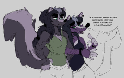 anthro big_tail black_body black_fur black_hair black_nose bottomwear clothed clothed_anthro clothed_female clothing dialogue duo eyebrows female fluffy fluffy_tail fully_clothed fully_clothed_anthro fully_clothed_female fur green_eyes hair long_snout pants purple_body purple_fur shirt snout tail tank_top text thick_eyebrows topwear sharkrags dizzi_(sharkrags) mammal mephitid skunk werecreature weremephitid wereskunk english_text hi_res sketch sibling_(lore) sister_(lore) sisters_(lore)