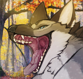 anthro black_body black_ears black_fur black_lips black_nose blue_eyes bodily_fluids cheek_tuft detailed_mouth drooling facial_tuft fangs fur glistening glistening_eyes grey_body grey_fur inner_ear_fluff lips looking_at_viewer male mouth_shot neck_tuft open_mouth outside plant red_tongue saliva saliva_string solo teeth tongue tongue_out tree tuft unsigned white_body white_fur white_inner_ear_fluff acidic canid canine fox mammal absurd_res bust_portrait hi_res portrait