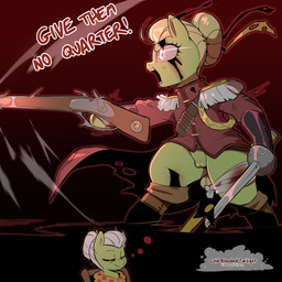 animal_genitalia animal_vulva bandage blonde_hair blood bodily_fluids boots clothed clothing dialogue equine_genitalia equine_vulva eyelashes female footwear genitals green_body gun hair hair_bun hooves melee_weapon military_uniform musket open_mouth ranged_weapon rapier semi-anthro shoes solo standing sword teeth text uniform vulva weapon wounded cold-blooded-twilight friendship_is_magic hasbro my_little_pony granny_smith_(mlp) earth_pony equid equine horse mammal pony 1:1 2025 english_text hi_res