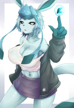 abs anthro big_breasts blep blue_body blue_fur blue_hair bottomwear breasts cleavage clothed clothing crop_top female fur hair jacket nipple_outline nipples non-mammal_breasts non-mammal_nipples pokemorph shirt skirt solo tail thick_thighs tongue tongue_out topwear wide_hips zatma nintendo pokemon eeveelution generation_4_pokemon glaceon pokemon_(species) absurd_res hi_res