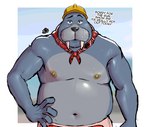 anthro armor belly bodily_fluids hard_hat headgear helmet kerchief male navel neckerchief neckwear nipples overweight overweight_male red_kerchief red_neckerchief shirtless solo sweat sweaty_body tusks hunter-husky illumination_entertainment sing_(movie) mason_(sing) mammal marine pinniped walrus hi_res