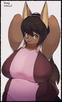 anthro apron big_breasts black_nose breasts brown_body brown_eyes brown_fur brown_hair clothed clothing curvy_figure female fully_clothed fur hair hands_behind_head huge_breasts kemono long_ears long_hair looking_at_viewer mature_anthro mature_female simple_background slightly_chubby smile solo standing voluptuous white_background wide_hips honeycalamari canid canine mammal hi_res