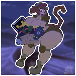 anthro big_breasts big_butt breasts brown_hair bubble_butt butt clothed clothing eyewear female goggles hair hat headgear headwear looking_at_viewer ranged_weapon smile solo tail thick_thighs topwear weapon whiskers wide_hips lukazmx gameoverse glitch_productions metal_slug kit_bodega domestic_cat felid feline felis mammal absurd_res hi_res
