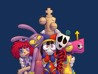 anthro blush bow_(feature) chess_piece clothed clothing dress eyes_closed female fool's_hat group group_hug hair hat headgear headwear hug hugging_another jester jester_outfit laugh looking_at_viewer male mask overalls patch_(fabric) rag_doll_(toy) ribbons short_hair smile standing uncomfortable absolutedream glitch_productions the_amazing_digital_circus gangle_(tadc) jax_(tadc) kinger_(tadc) pomni_(tadc) ragatha_(tadc) zooble_(tadc) human lagomorph leporid mammal rabbit absurd_res alpha_channel hi_res
