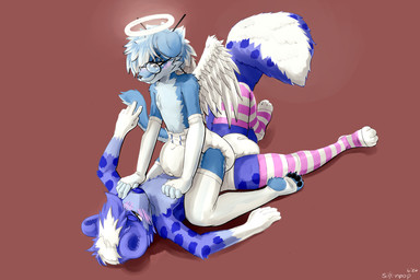 ambiguous_gender anthro back_wings blush clothed clothing diaper duo eyewear glasses half_naked halo legwear male sitting sitting_on_another thigh_highs wearing_diaper wearing_glasses wings sonpop canid canine fox hybrid mammal mephitid skunk 3:2 hi_res