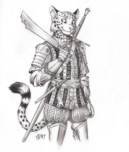 5_fingers anthro armor belt bottomwear buckle clothed clothing couter cuisse dagger falchion fingers fur gauntlets gloves handwear holding_melee_weapon holding_object holding_sword holding_weapon looking_aside male markings melee_weapon notched_ear pants simple_background solo spaulder spots spotted_body spotted_fur standing striped_markings striped_tail stripes sword tail tail_markings weapon white_background 0laffson enorach_(0laffson) cheetah felid feline mammal 2019 graphite_(artwork) hi_res signature traditional_media_(artwork)
