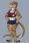 anthro breasts claws clothed clothing female hands_on_hips looking_at_viewer navel non-mammal_breasts simple_background solo standing dbd agamid bearded_dragon lizard reptile scalie