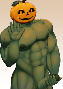abs bodily_fluids erection food for_a_head fruit genitals gesture glans green_body grin half-erect holding_penis looking_at_viewer male muscular muscular_male nipples nude pecs penis plant pumpkin pumpkin_head simple_background smile solo sweat sweatdrop vein veiny_penis waving ebt34 elemental_creature elemental_humanoid flora_fauna humanoid monster object_head plant_humanoid absurd_res hi_res