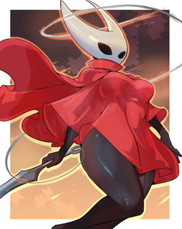 anthro black_body black_eyes breasts cloak clothing female glistening glistening_body glistening_thighs holding_melee_weapon holding_object holding_sword holding_weapon melee_weapon red_cloak red_clothing solo sword weapon wide_hips silvermaster hollow_knight_(franchise) team_cherry hornet_(hollow_knight) arthropod insect 2025 absurd_res hi_res