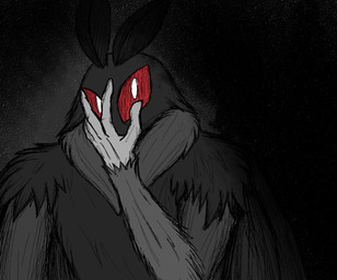 ambiguous_gender anthro black_body grey_body hand_on_face looking_at_viewer pupils red_eyes simple_background slit_pupils solo crezz_crow mothman arthropod cryptid insect lepidopteran moth