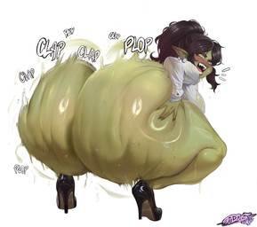 ass_clapping big_butt biped bodily_fluids bottomless breasts butt clothed clothing crouching female footwear green_body high_heels huge_butt hyper hyper_butt looking_back not_furry open_mouth shirt shoes solo sweat sweaty_butt three-quarter_view topwear twerking tudduls goblin humanoid hi_res