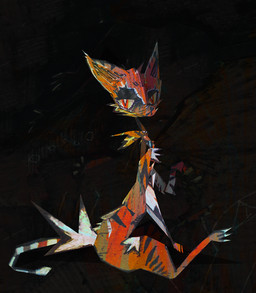 :< ambiguous_gender black_background feral fur markings orange_body orange_fur red_eyes simple_background sitting solo striped_markings striped_tail stripes tail tail_markings toony naircat domestic_cat felid feline felis mammal 2015 digital_drawing_(artwork) digital_media_(artwork)