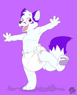 4_fingers 4_toes ambiguous_gender anthro big_diaper black_nose clean_diaper clothed clothing diaper diaper_only dipstick_tail facial_markings feet fingers fur head_markings logo markings multicolored_body multicolored_fur on_one_leg open_mouth open_smile pawpads purple_background purple_body purple_ears purple_fur purple_pawpads purple_tail_tip simple_background smile solo standing tail tail_markings teeth toes topless two_tone_body two_tone_fur wearing_diaper white_body white_diaper white_fur white_inner_ear white_tail young bubblepuppers fauxhammer arctic_fox canid canine fox mammal true_fox artist_logo full-length_portrait hi_res portrait