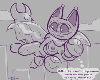 anthro bite biting_lip biting_own_lip bodily_fluids breasts breath dialogue exhibitionism female flying genital_fluids genitals looking_down medium_breasts nipples nude outside self_bite sharp_teeth solo teeth text thought_bubble vaginal_fluids vulva felino nintendo pokemon panabatta_(panazel) generation_4_pokemon gliscor pokemon_(species) 2026 english_text monochrome sketch