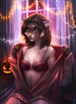 anthro blue_eyes bra bra_strap breasts brown_body brown_fur brown_hair claws clothed clothing curtains detailed_background ear_piercing eyebrows female floor food fruit fur garland hair halloween_decoration jack-o'-lantern long_hair looking_at_viewer multicolored_body navel open_clothing open_top partially_clothed piercing plant pumpkin raised_arm short_ears sitting sitting_on_ground smile smiling_at_viewer solo two_tone_body underwear whiskers white_body white_fur white_whiskers window wood wood_floor mirtrud fishka_(f-r95) domestic_cat felid feline felis mammal siamese digital_media_(artwork) hi_res watermark