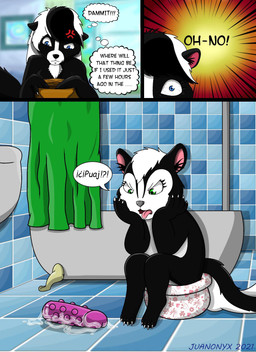 anthro bath bathroom black_body black_fur black_nose blue_eyes bodily_fluids chest_tuft cross-popping_vein cum dildo disgust duo female fur genital_fluids green_eyes hair potty sex_toy solo text tongue tongue_out tuft vaginal_fluids vaginal_fluids_on_dildo white_hair young young_anthro juanonyx lori_(jmh) valencia_(jmh) mammal mephitid skunk comic english_text hi_res