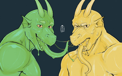 anthro bodily_fluids duo grumpy horn kissing long_tongue male male/male muscular saliva saliva_string tongue bambii_arts mythology dragon goo_creature mythological_creature mythological_scalie scalie 2024 absurd_res hi_res