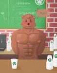 abs barazoku confusion dialogue male muscular nipples shy smile solo speech_bubble surprise text privon i_mean_breast_milk bear mammal absurd_res english_text hi_res meme