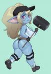 big_breasts blonde_hair breasts butt clothing female hair hammer hat headgear headwear maul red_eyes sledgehammer solo tools dmgboost league_of_legends riot_games tencent poppy_(lol) humanoid yordle 2020