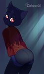 :< anthro biped black_body black_fur blue_body blue_fur bottomwear butt butt_focus butt_grab cheek_tuft clothed clothing dark facial_tuft female flame_pattern forest fully_clothed fur glowing glowing_eyes grey_bottomwear grey_clothing hand_on_butt hand_on_own_butt head_tuft holding_butt light light_beam looking_at_viewer looking_back multicolored_clothing multicolored_shirt multicolored_topwear night orange_clothing orange_shirt orange_topwear plant presenting presenting_hindquarters rear_view red_clothing red_eyes red_shirt red_topwear shirt snout solo standing tight_bottomwear tight_clothing topwear tree tuft two_tone_clothing two_tone_shirt two_tone_topwear wishbone_mouth young feliscede catober catober_2020 night_in_the_woods mae_borowski domestic_cat felid feline felis mammal 2020 absurd_res digital_media_(artwork) digital_painting_(artwork) hi_res portrait shaded three-quarter_portrait