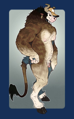 andromorph andromorph_anthro anthro big_clitoris blue_background brown_body brown_fur clitoris clothing ear_piercing ear_tag fur genitals hat headgear headwear hooves horn intersex intersex_anthro nipples obstructed_eyes pecs piercing side_view simple_background solo standing tail tail_tuft transparent_background tuft vulva white_body white_fur roamingthrough bovid bovine cattle mammal absurd_res alpha_channel hi_res