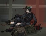 anthro assault_rifle blood bodily_fluids clothed clothing death duo gun handgun knee_pads male military night_vision_goggles pistol ranged_weapon rifle silencer weapon ricthecusco canid canine mammal hi_res