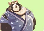 accessory anthro asian_clothing blue_clothing brown_body brown_fur clothing east_asian_clothing eyebrows fur headband japanese_clothing kimono male neck_tuft overweight solo thick_eyebrows tuft tanukinoden lifewonders live_a_hero shoen canid canine mammal raccoon_dog tanuki