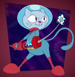 abstract_background anthro arched_back blue_body blue_fur determined electricity fangs fishing_rod fur futuristic heroic_pose male pear-shaped_figure red_nose solo space spacesuit teeth toony wide_hips gavanzude space_fisherman ace_cat domestic_cat felid feline felis mammal alternate_version_at_paywall digital_drawing_(artwork) digital_media_(artwork) hi_res signature