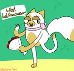 anthro bouquet bow_ribbon dialogue female flower gesture offscreen_character on_one_leg plant slightly_chubby solo standing waving nonbinary_bunny adventure_time cartoon_network cake_the_cat felid feline mammal