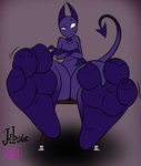 3_toes ambiguous_gender anthro barefoot chair confusion crossed_arms digitigrade feet first_person_view foot_fetish foot_focus furniture gradient_body gradient_tail hairless horn looking_at_viewer markings mouthless neck_markings no_irises no_pupils noseless nude paws purple_body purple_horn simple_background sitting soles solo spade_tail spread_toes tail thick_thighs toes white_eyes conditional_dnp dustyscooter jerberjer fitch alien humanoid