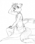 anthro bed black_and_white canid canine chochi femboy fox furniture lovely_pets male mammal mike_blade monochrome simple_background solo tail traditional_media_(artwork) waking_up white_background