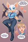 anthro big_breasts breasts clothed clothing dialogue duo female gun heart_symbol holding_gun holding_object holding_ranged_weapon holding_weapon open_mouth open_smile outline police police_uniform ranged_weapon smile text uniform weapon nauth sega sonic_the_hedgehog_(series) rouge_the_bat topaz_(sonic) bat human mammal absurd_res english_text hi_res