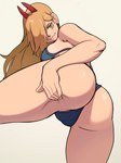 big_butt blonde_hair blue_bra blue_clothing blue_panties blue_underwear bra breasts butt chainsaw_man clothing eyelashes female grey_background hair hair_over_eye hi_res horn horned_humanoid humanoid long_hair looking_at_viewer looking_back looking_back_at_viewer milkmountain one_eye_obstructed panties power_(chainsaw_man) pupils rear_view red_horn simple_background smile solo tan_body tan_skin thick_thighs underwear unusual_pupils wide_hips
