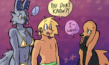 bikini black_clothing black_swimwear blonde_hair blue_body blue_eyes blue_fur blue_inner_ear_fluff blue_lipstick blue_nose brown_body brown_fur clothing color_coded color_coded_speech_bubble dialogue ear_piercing exclamation_point female fur gold_bikini gold_bikini_bottom gold_bikini_top green_clothing green_eyes green_swimming_trunks green_swimwear group hair inner_ear_fluff lipstick long_ears makeup male multiple_ear_piercings multiple_ear_ring piercing ponytail purple_background question simple_background speech_bubble stuttering surprised swimming_trunks swimwear tall_female tall_girl text tied_hair trio tuft two-piece_swimsuit yellow_eyes biscotti5000 jane_(biscotti5000) nyx_(biscotti5000) sam_(biscotti5000) canid canine canis domestic_dog human mammal wolf english_text hi_res