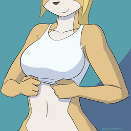anthro areola bouncing_breasts breasts clothing collarbone female fingers nipples presenting presenting_breasts smile solo topwear topwear_lift white_clothing white_topwear kanashiipanda book_of_lust julia_woods ambiguous_species mammal 1:1 animated