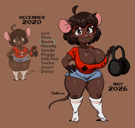 4_fingers ahoge anthro big_breasts blue_bottomwear blue_clothing blue_shorts bottomwear breasts brown_eyes brown_hair cleavage cleavage_overflow clothed clothed_anthro clothed_female clothing electronics eyewear female female_anthro fingers footwear glasses gloves_(marking) hair hand_on_hip headphones holding_object markings mole_(marking) pink_inner_ear pink_nose red_clothing red_eyewear red_glasses red_shirt red_topwear round_glasses shirt short_hair shorts shortstack shortstack_female simple_background smile socks solo tail text thick_thighs topwear wearing_glasses white_clothing white_footwear white_socks joaoppereiraus gwen_geek gwen_martin house_mouse mammal mouse murid murine rodent 2026 english_text hi_res