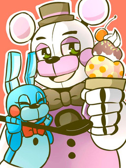 anthro bow_(feature) bow_tie clothing dessert food group hat headgear headwear ice_cream machine male puppet simple_background c_mg_c five_nights_at_freddy's scottgames sister_location funtime_freddy_(fnafsl) puppet_bonnie_(fnafsl) animatronic bear lagomorph leporid mammal rabbit robot 2018 3:4 digital_media_(artwork)