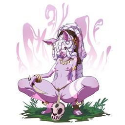 anklet anthro areola bandage bodypaint bone bottomwear bracelet breasts clothing crouching dreadlocks ear_piercing facial_paint feathers female fur grass hair ineffective_clothing ineffective_loincloth jewelry knife lips loincloth long_hair looking_at_viewer magic magic_user navel necklace nipples piercing pink_eyes pink_lips pink_nose plant purple_body purple_fur scarf simple_background skull smile solo teeth tribal tribal_spellcaster voodoo weapon white_background white_hair wide_hips witch_doctor flashspot hollandworks jeza bat mammal 1:1 2015