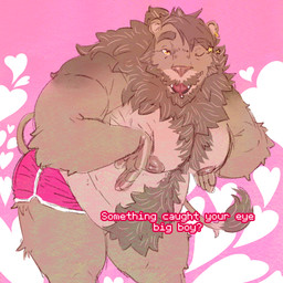 body_hair bottomwear chest_hair clothed clothing hairy happy_trail looking_at_viewer male mature_male moob_squeeze moob_squish moobs one_eye_closed overweight overweight_male shorts shorts_only solo text topless wink winking_at_viewer avalath_tiger keith_(aejann) felid lion mammal pantherine 1:1 2026 absurd_res english_text hi_res
