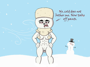 abs anthro anthrofied black_nose blue_sky breasts cleavage clothed clothing covered_nipples detailed_background dialogue eyelashes female frown fur genitals hands_on_hips hands_on_own_hips hat headgear headwear looking_at_viewer muscular muscular_anthro muscular_female red_nose russian scarf scowl short short_tail sky smoke_pipe snow snowflake snowman solo tail talking_to_viewer text top_hat vulva white_body white_fur wind winter winter_clothing winter_hat slightlyarousedguy 101_dalmatian_street 101_dalmatians disney frosty_the_snowman snowball_(101_dalmatian_street) canid canine canis domestic_dog mammal pomeranian spitz 4:3 english_text hi_res shaded signature