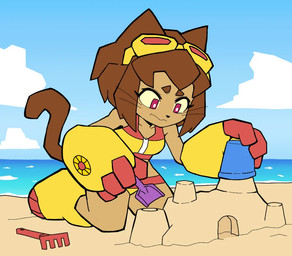 anthro armor armored_boots beach boots brown_hair clothed clothed_anthro clothed_female clothing eyewear eyewear_on_head female female_anthro footwear gauntlets gloves goggles goggles_on_head hair handwear kneeling red_eyes sand sand_castle sculpture sea shoes solo swimwear tail water whiskers oninaka gameoverse glitch_productions kit_bodega domestic_cat felid feline felis mammal 2026 digital_drawing_(artwork) digital_media_(artwork)