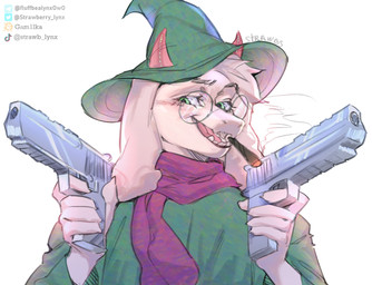 2_horns 5_fingers anthro blush blush_lines clothing dual_wielding eyewear fingers floppy_ears fur furaffinity_logo glasses green_clothing green_eyes green_hat green_headwear green_topwear gun handgun hat headgear headwear holding_object holding_weapon horn male pink_horn pink_scarf pistol ranged_weapon round_glasses scarf simple_background smile smoke smoking solo telegram_logo text tiktok_logo topwear twitter_logo weapon wearing_glasses wearing_hat white_background white_body white_fur strawberry_lynx deltarune furaffinity ralsei_smoking_blunt ralsei_with_a_gun telegram tiktok twitter undertale_(series) ralsei bovid caprine goat mammal 2023 artist_name hi_res icon