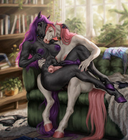 abs anthro anthro_on_anthro black_body black_fur black_penis duo fur furniture genitals green_eyes gynomorph gynomorph/gynomorph gynomorph_anthro hair inside intersex intersex/intersex intersex_anthro long_hair multicolored_penis nipples nude on_lap on_sofa penis pink_hair pink_nipples pink_penis pink_tail purple_hair purple_nipples purple_penis purple_tail sitting sofa tail two_tone_penis white_body white_fur scarlanya equid equine horse mammal absurd_res hi_res huge_filesize