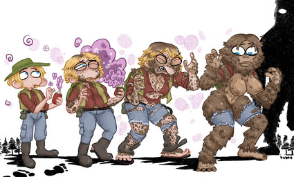 blonde_hair brown_body brown_fur clothing female forced forced_transformation fur gender_transformation hair hairy_female hunter male nipples penis_shadow silhouette species_transformation torn_clothing transformation transformation_sequence bubbalossom cryptid human mammal sasquatch hi_res