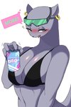 alcohol anthro bare_shoulders bedroom_eyes beer beverage beverage_can big_breasts blush breasts claws cleavage clothed clothing ear_piercing ear_ring eyelashes eyewear female finger_claws fur green_eyes grey_body grey_fur heart_symbol long_eyelashes looking_at_viewer midriff narrowed_eyes navel open_mouth piercing ring_piercing seductive side_boob simple_background smile solo text tongue topwear ian_(artist) brand_new_animal studio_trigger marie_itami mammal mink mustelid musteline true_musteline 2020 2:3 digital_media_(artwork) hi_res