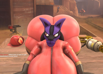 all_fours annoyed anthro armor australium battlefield bent_over big_breasts big_butt bimbo_anthro breasts butt clothing dialogue female firefighter_helmet flamethrower fur gloves handwear hat headgear headwear helmet huge_breasts huge_butt hyper hyper_breasts hyper_butt latex latex_clothing lips presenting presenting_hindquarters purple_body purple_fur railway_track ranged_weapon red_eyes text thick_lips thick_thighs wanting_to_bottom weapon wide_hips bimbomorph_(artist) nintendo pokemon team_fortress_2 valve alex_asora heavy_(team_fortress_2) pyro_(team_fortress_2) scout_(team_fortress_2) sentry_gun_(team_fortress_2) canid canine generation_4_pokemon human lucario mammal pokemon_(species) hi_res