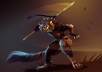 4_ears accessory anthro armor claws detailed_background fangs female flat_chested fluffy fluffy_tail grass headband horn leather leather_armor melee_weapon multi_ear open_mouth plant polearm solo swordstaff tail teeth weapon yellow_eyes hounds-tooth guild_wars charr felid mammal