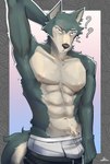 anthro black_nose bottomwear bulge clothing eye_scar facial_scar front_view fur grey_body grey_fur hand_behind_head looking_at_viewer male muscular muscular_anthro muscular_male nipples pants scar shirtless solo standing tail underwear zenfry beastars legoshi_(beastars) canid canine canis mammal wolf hi_res