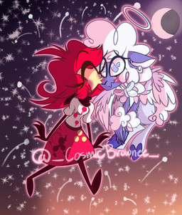 1_eye anthro blush clothed clothing detailed_background dress duo eyes_closed female flower fur hair halo interspecies kissing male male/female plant purple_body purple_eyes purple_fur red_hair smile wings cosmicbrownee hazbin_hotel hellaverse helluva_boss collin_(helluva_boss) niffty_(hazbin_hotel) angel bovid caprine cherub cyclops demon humanoid mammal sheep absurd_res hi_res